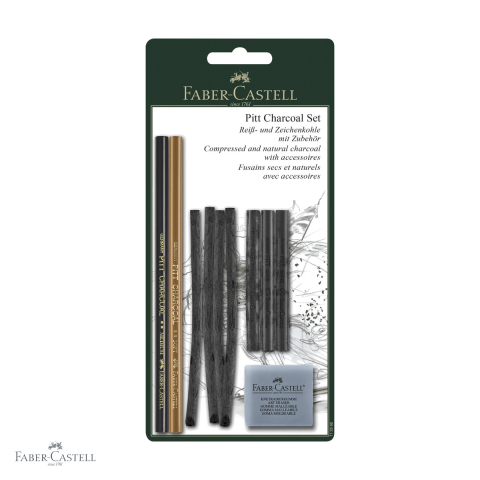 Desen grafit si carbune - Set 10 bucati carbune desen Faber-Castell Pitt Monochrome, carbune presat, natural si creion carbune, pentru artisti
