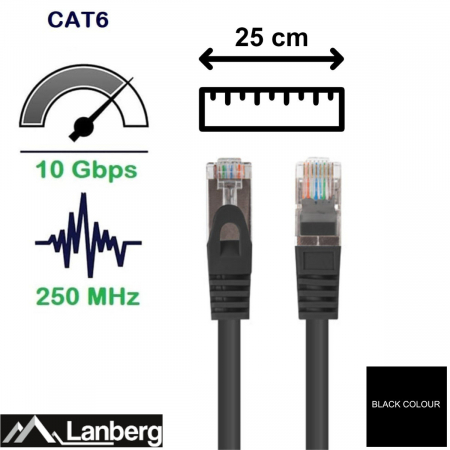 Set 10 cabluri retea-patchcord CAT6 FTP, lanberg 43630, 2X RJ45, lungime 25cm, AWG26, 10Gb/S - 250MHZ, de legatura retea, ethernet, negre [3]