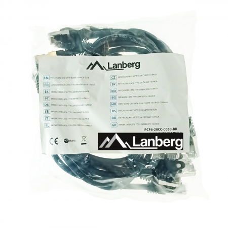 Cablu FTP tip patch - Set 10 cabluri retea-patchcord CAT6 FTP, Lanberg 43631, 2 X RJ45, lungime 50cm, AWG26, 10Gb/s-250MHz, de legatura retea, ethernet, negre