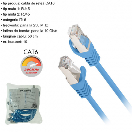 Set 10 cabluri retea-patchcord CAT6 FTP, Lanberg 43631, 2 X RJ45, lungime 50cm, AWG26, 10Gb/s-250MHz, de legatura retea, ethernet, albastre [5]