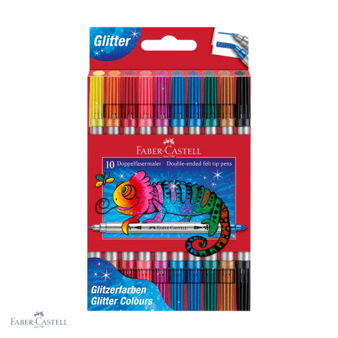 Produse EmagMarketplace - Set 10 carioci cu 2 capete si efect glitter Faber-Castell, varf subtire si gros, pentru copii si adulti