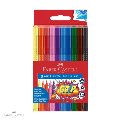 Carioci - Set 10 carioci Faber-Castell Grip, forma ergonomica triunghiulara, cerneala pe baza de apa, pentru copii