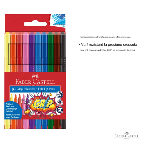 Set 10 carioci Faber-Castell Grip, forma ergonomica triunghiulara, cerneala pe baza de apa, pentru copii [2]