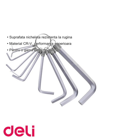 Set 10 chei imbus standard Deli, material CR-V, suprafata nichelata, pentru diverse aplicatii de strangere si slabire suruburi [2]