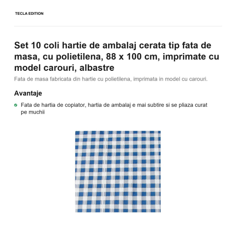 Set 10 coli hartie de ambalaj cerata tip fata de masa, cu polietilena, 88 x 100 cm, imprimate cu model carouri, albastre [1]