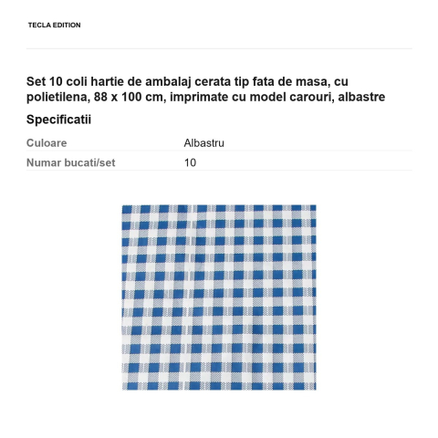 Set 10 coli hartie de ambalaj cerata tip fata de masa, cu polietilena, 88 x 100 cm, imprimate cu model carouri, albastre [2]