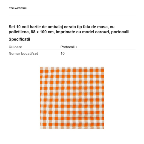 Set 10 coli hartie de ambalaj cerata tip fata de masa, cu polietilena, 88 x 100 cm, imprimate cu model carouri, portocalii [2]