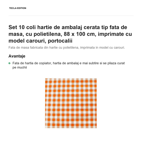 Set 10 coli hartie de ambalaj cerata tip fata de masa, cu polietilena, 88 x 100 cm, imprimate cu model carouri, portocalii [1]