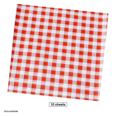 Hartie ambalare - Set 10 coli hartie de ambalaj cerata tip fata de masa, cu polietilena, 88 x 100 cm, imprimate cu model carouri, rosii