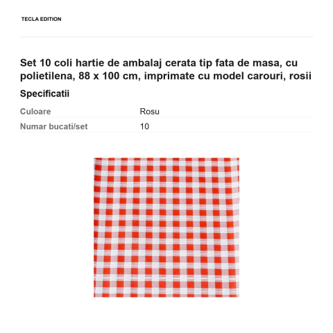 Set 10 coli hartie de ambalaj cerata tip fata de masa, cu polietilena, 88 x 100 cm, imprimate cu model carouri, rosii [2]
