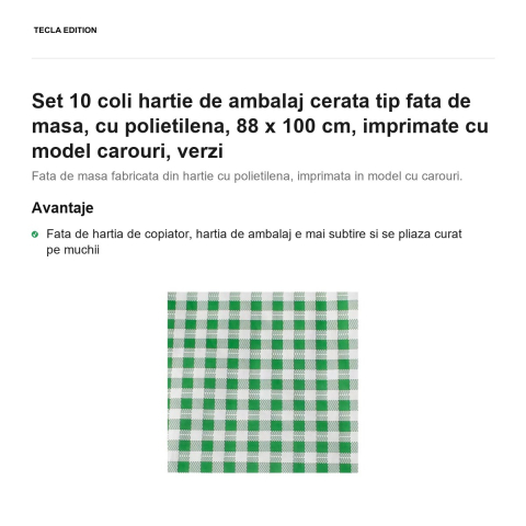 Set 10 coli hartie de ambalaj cerata tip fata de masa, cu polietilena, 88 x 100 cm, imprimate cu model carouri, verzi [1]