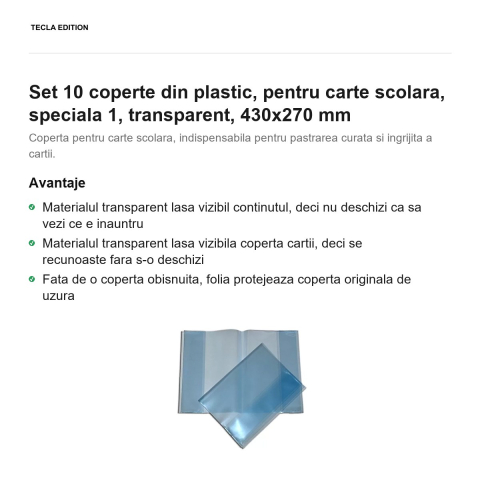 Set 10 coperte din plastic, pentru carte scolara, speciala 1, transparent, 430x270 mm [1]