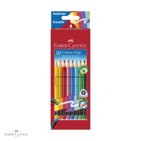 Birotica papetarie - Set 10 creioane colorate Faber-Castell Grip 2001 cu radiera, forma triunghiulara ergonomica, pentru copii