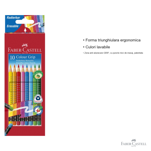 Set 10 creioane colorate Faber-Castell Grip 2001 cu radiera, forma triunghiulara ergonomica, pentru copii [2]