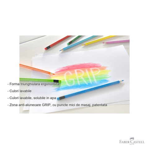 Set 10 creioane colorate Faber-Castell Grip 2001 cu radiera, forma triunghiulara ergonomica, pentru copii [1]