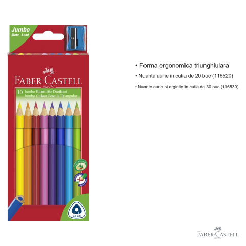 Set 10 creioane colorate Jumbo Faber-Castell, forma triunghiulara ergonomica + ascutitoare, pentru copii [2]