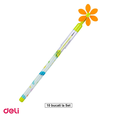 Birotica papetarie - Set 10 creioane Deli, grafit fara ascutire model floare comiko