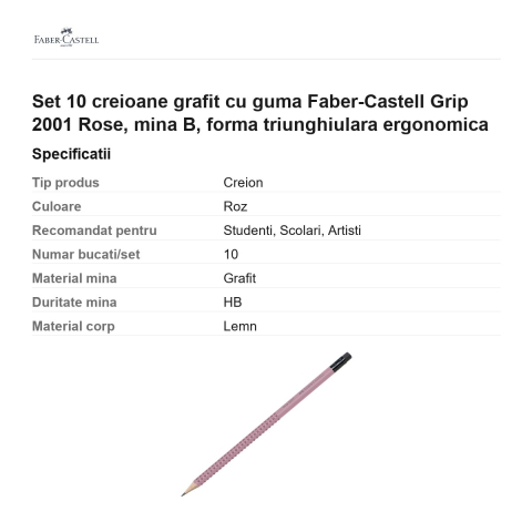 Set 10 creioane grafit cu guma Faber-Castell Grip 2001 Rose, mina B, forma triunghiulara ergonomica [2]