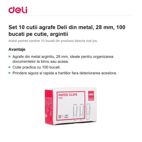 Set 10 cutii agrafe Deli din metal, 28 mm, 100 bucati pe cutie, argintii [1]