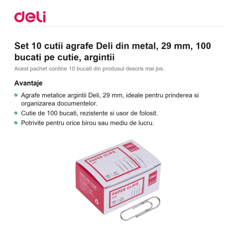 Set 10 cutii agrafe Deli din metal, 29 mm, 100 bucati pe cutie, argintii [1]