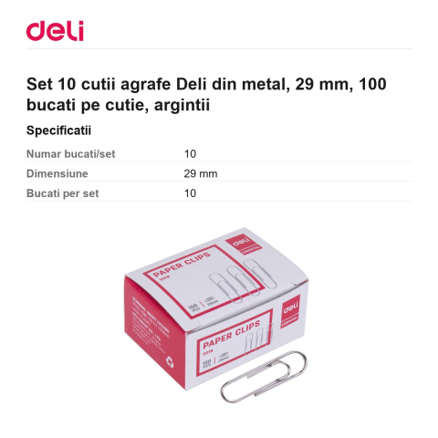 Set 10 cutii agrafe Deli din metal, 29 mm, 100 bucati pe cutie, argintii [2]