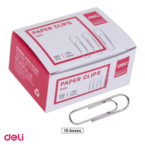 Ace, clipsuri & pioneze - Set 10 cutii agrafe Deli din metal, 29 mm, 100 bucati pe cutie, argintii