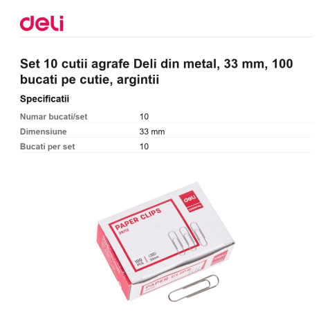 Set 10 cutii agrafe Deli din metal, 33 mm, 100 bucati pe cutie, argintii [2]