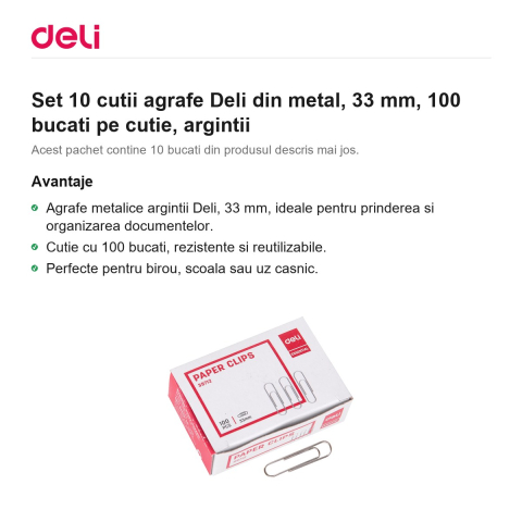 Set 10 cutii agrafe Deli din metal, 33 mm, 100 bucati pe cutie, argintii [1]