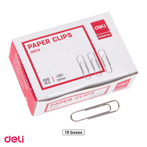 Ace, clipsuri & pioneze - Set 10 cutii agrafe Deli din metal, 33 mm, 100 bucati pe cutie, argintii