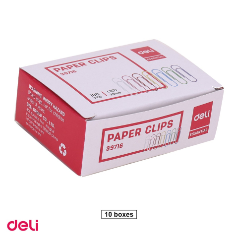 Ace, clipsuri & pioneze - Set 10 cutii agrafe Deli din metal, 33 mm, 100 bucati pe cutie, colorate