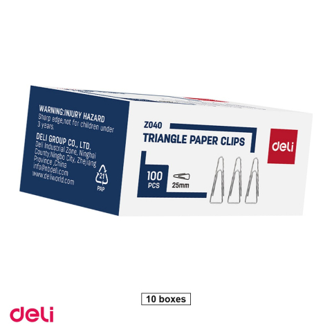 Ace, clipsuri & pioneze - Set 10 cutii agrafe triunghiulare Deli din metal, 25 mm, 100 bucati pe cutie, argintii
