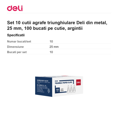Set 10 cutii agrafe triunghiulare Deli din metal, 25 mm, 100 bucati pe cutie, argintii [2]