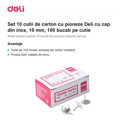 Set 10 cutii de carton cu pioneze Deli cu cap din inox, 10 mm, 100 bucati pe cutie [1]