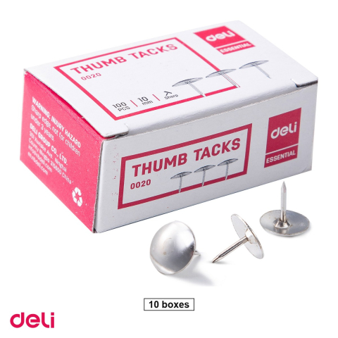 Ace, clipsuri & pioneze - Set 10 cutii de carton cu pioneze Deli cu cap din inox, 10 mm, 100 bucati pe cutie