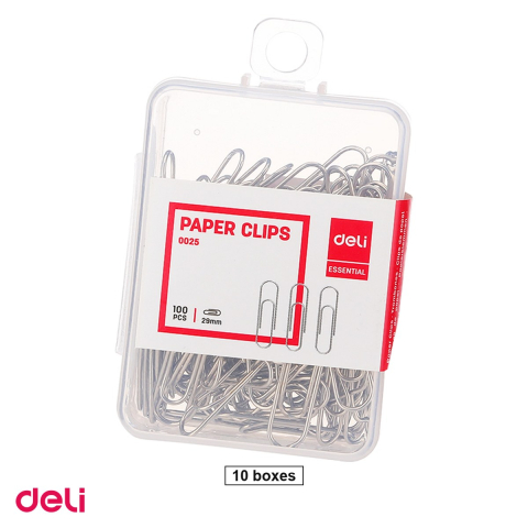Ace, clipsuri & pioneze - Set 10 cutii de plastic cu agrafe Deli din metal, 29 mm, 100 bucati pe cutie