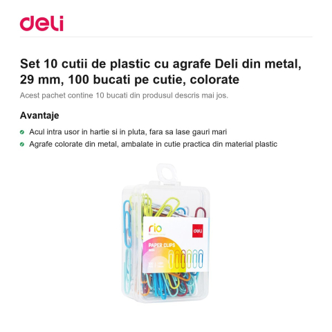 Set 10 cutii de plastic cu agrafe Deli din metal, 29 mm, 100 bucati pe cutie, colorate [1]