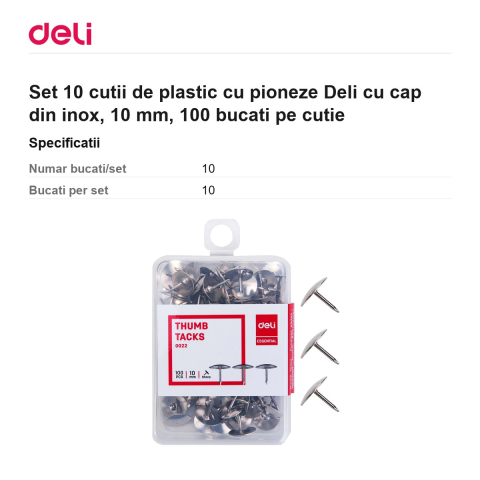 Set 10 cutii de plastic cu pioneze Deli cu cap din inox, 10 mm, 100 bucati pe cutie [2]