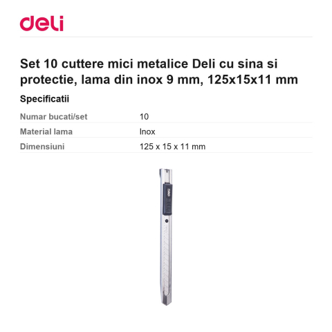 Set 10 cuttere mici metalice Deli cu sina si protectie, lama din inox 9 mm, 125x15x11 mm [2]