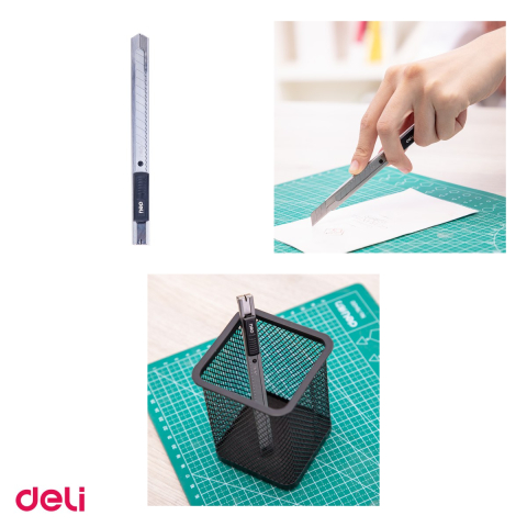 Set 10 cuttere mici metalice Deli cu sina si protectie, lama din inox 9 mm, 125x15x11 mm [3]