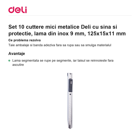 Set 10 cuttere mici metalice Deli cu sina si protectie, lama din inox 9 mm, 125x15x11 mm [1]