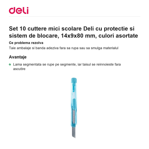 Set 10 cuttere mici scolare Deli cu protectie si sistem de blocare, 14x9x80 mm, culori asortate [1]