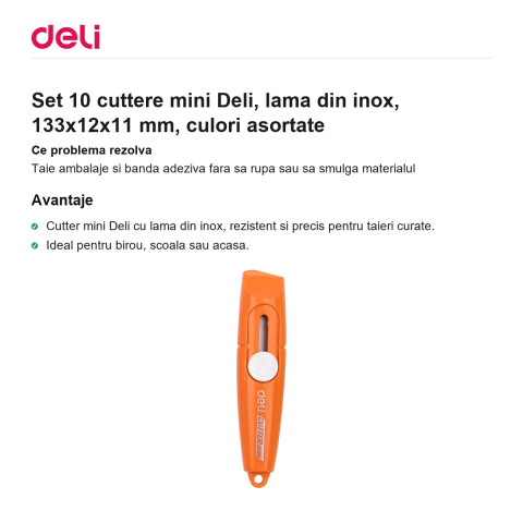 Set 10 cuttere mini Deli, lama din inox, 133x12x11 mm, culori asortate [1]
