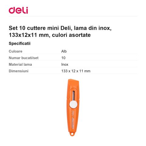 Set 10 cuttere mini Deli, lama din inox, 133x12x11 mm, culori asortate [2]