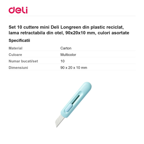 Set 10 cuttere mini Deli Longreen din plastic reciclat, lama retractabila din otel, 90x20x10 mm, culori asortate [2]
