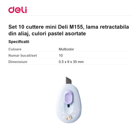 Set 10 cuttere mini Deli M155, lama retractabila din aliaj, culori pastel asortate [2]