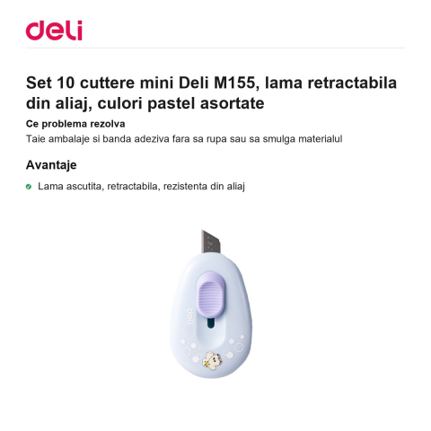 Set 10 cuttere mini Deli M155, lama retractabila din aliaj, culori pastel asortate [1]