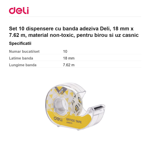 Set 10 dispensere cu banda adeziva Deli, 18 mm x 7.62 m, material non-toxic, pentru birou si uz casnic [2]