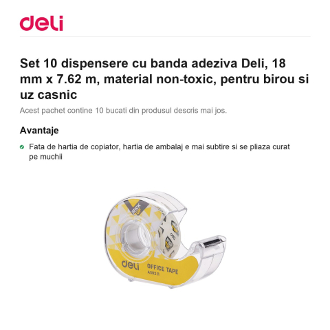 Set 10 dispensere cu banda adeziva Deli, 18 mm x 7.62 m, material non-toxic, pentru birou si uz casnic [1]