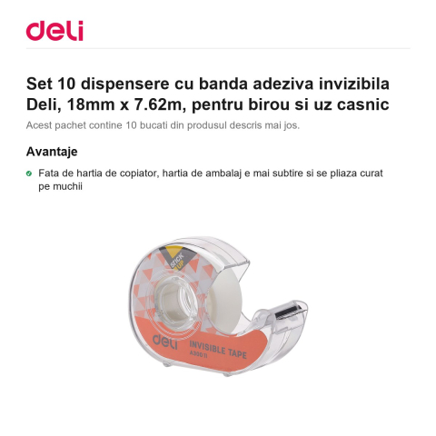 Set 10 dispensere cu banda adeziva invizibila Deli, 18mm x 7.62m, pentru birou si uz casnic [1]