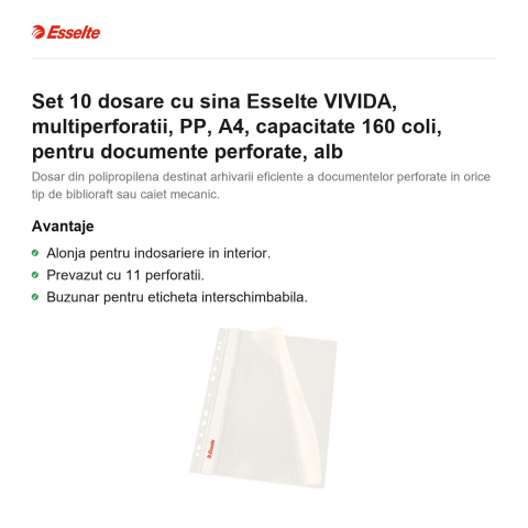 Set 10 dosare cu sina Esselte VIVIDA, multiperforatii, PP, A4, capacitate 160 coli, pentru documente perforate, alb [1]